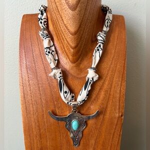 Artisan Silver and Turquoise Bull/Cow Skull Pendant Necklace